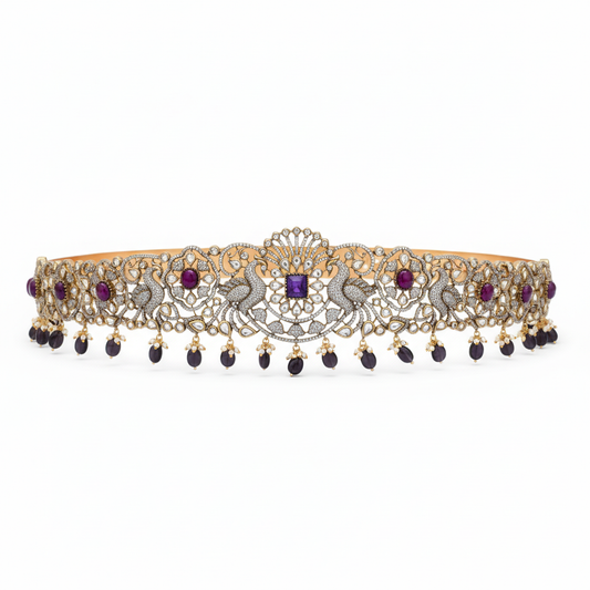 Victorian Purple Kundan Peacock Belt Vaddanam