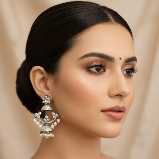 Victorian White American Diamond Chandbali Earrings with Pearl Drops | Black Oxidised Finish