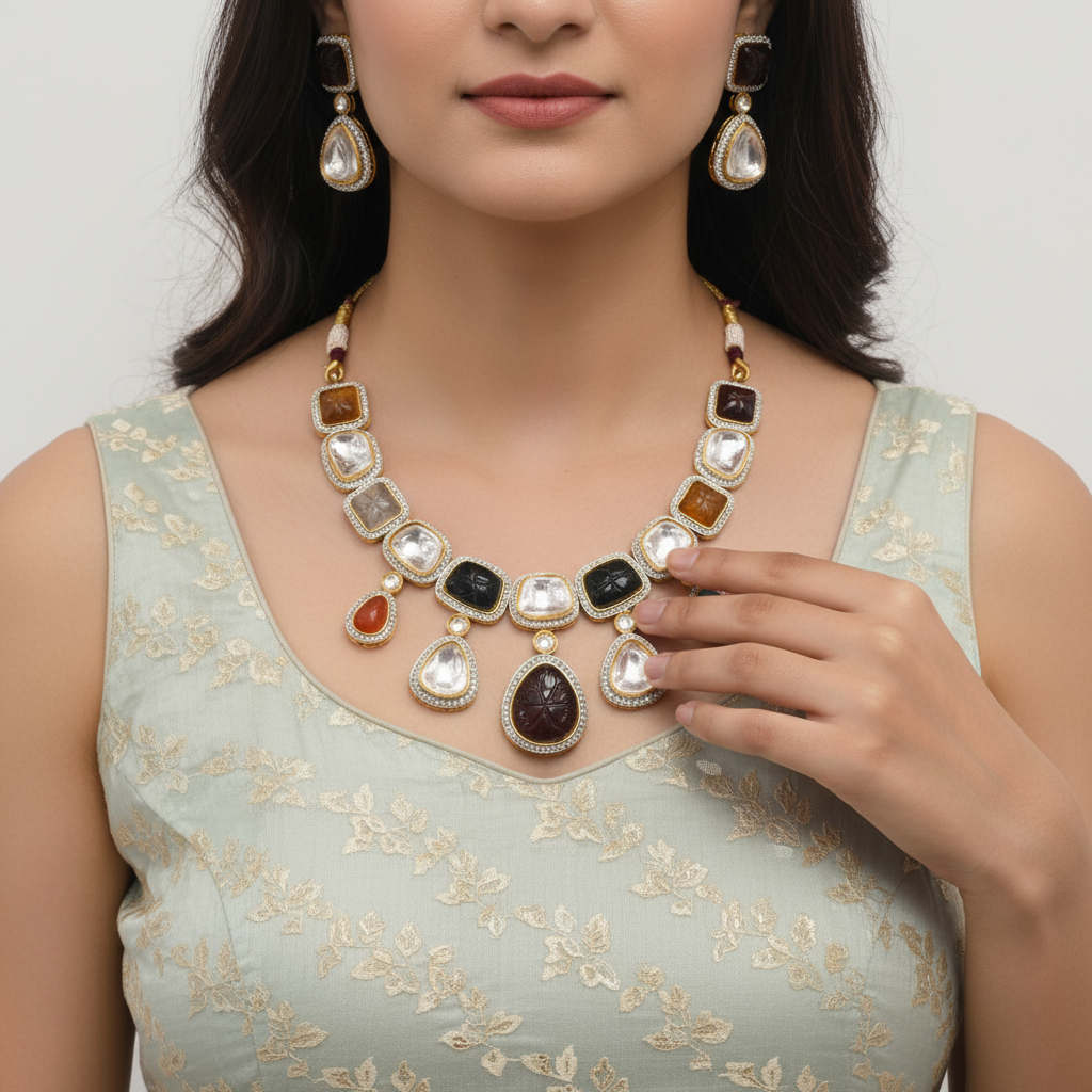 Wedding Wear Navratan Polki Moissanite Kundan Necklace Set By Asp Fashion Jewellery