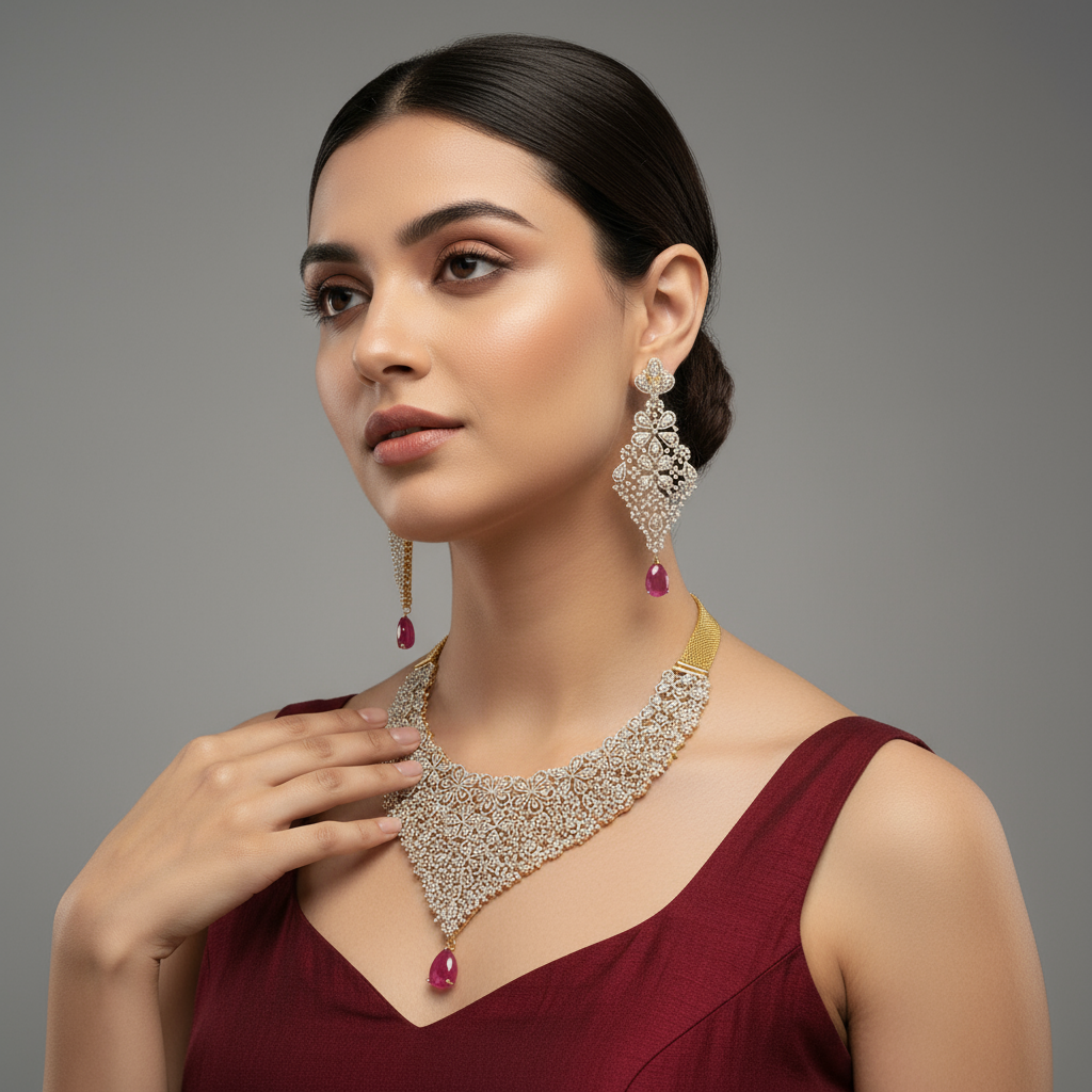 White Diamond CZ Choker Set - Two Tone Gold Silver Bridal Jewelry