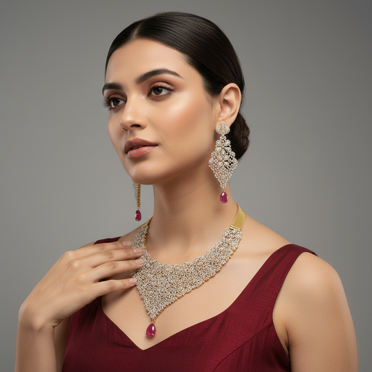 White Diamond CZ Choker Set - Two Tone Gold Silver Bridal Jewelry