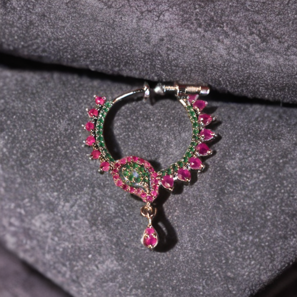 White Rhodium Plated Zircon South Indian Nose Ring - Left Side (No Piercing Required)