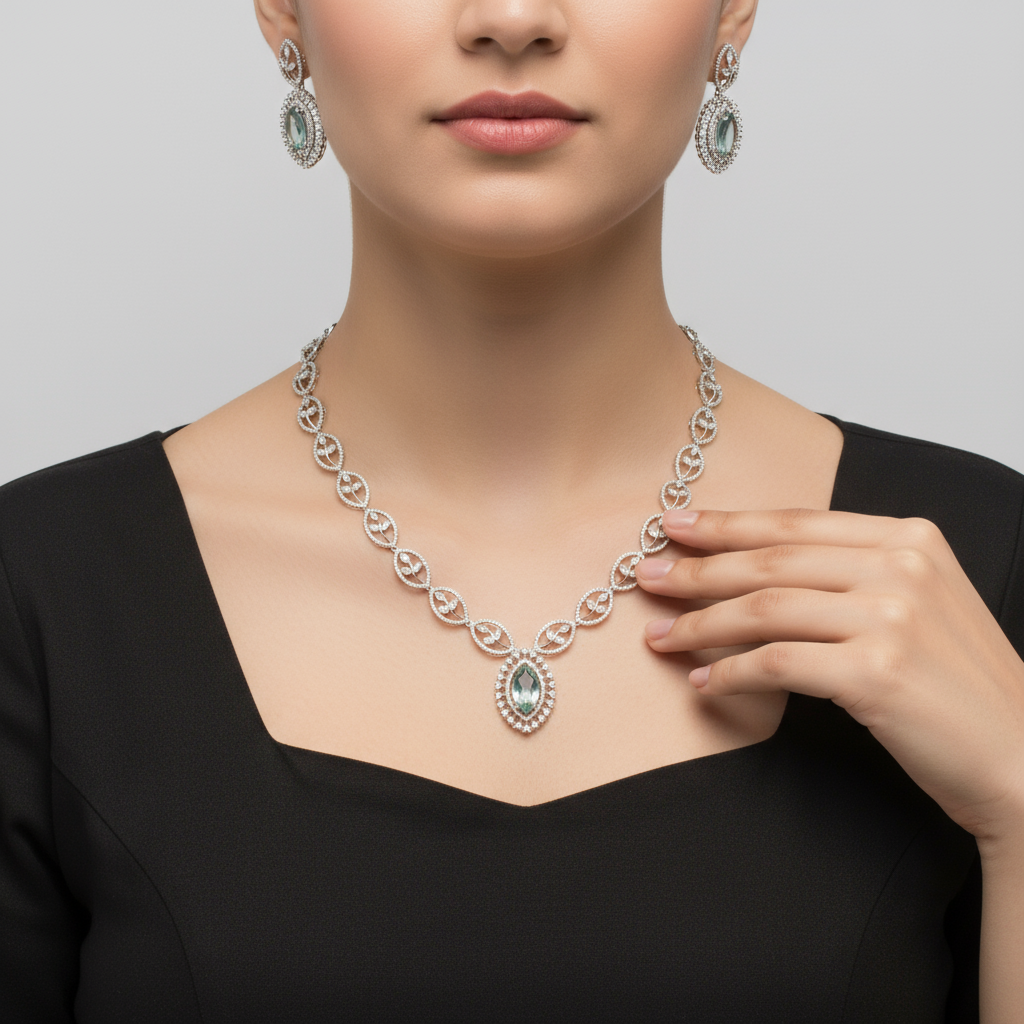 White Rhodium Zircon Necklace Set - Classy Diamond-Look Design
