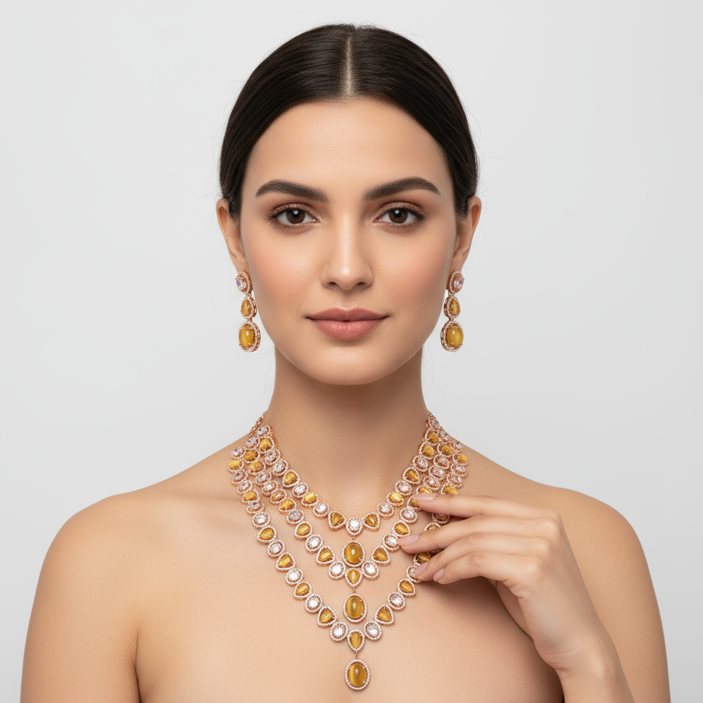 Yellow Rose Gold American Diamond Layered Necklace - 24 Inch Wedding Jewelry