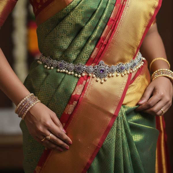 Zircon Rhodium-Gold Double Tone Diamond Look Chain Vaddanam for Bride