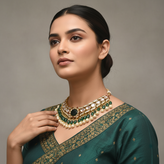 Exquisite Handcrafted Pachi Kundan Emerald Necklace Set