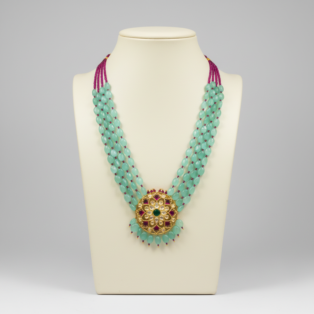 Alternative mannequin display of turquoise temple necklace