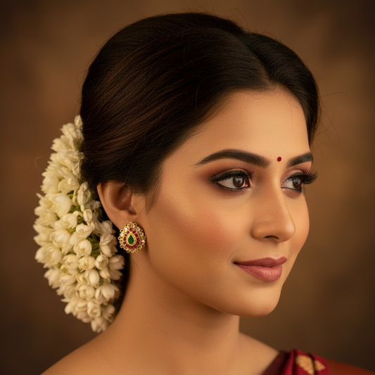 Alternative model wearing Jadau Kundan Emerald Teardrop Stud Earrings