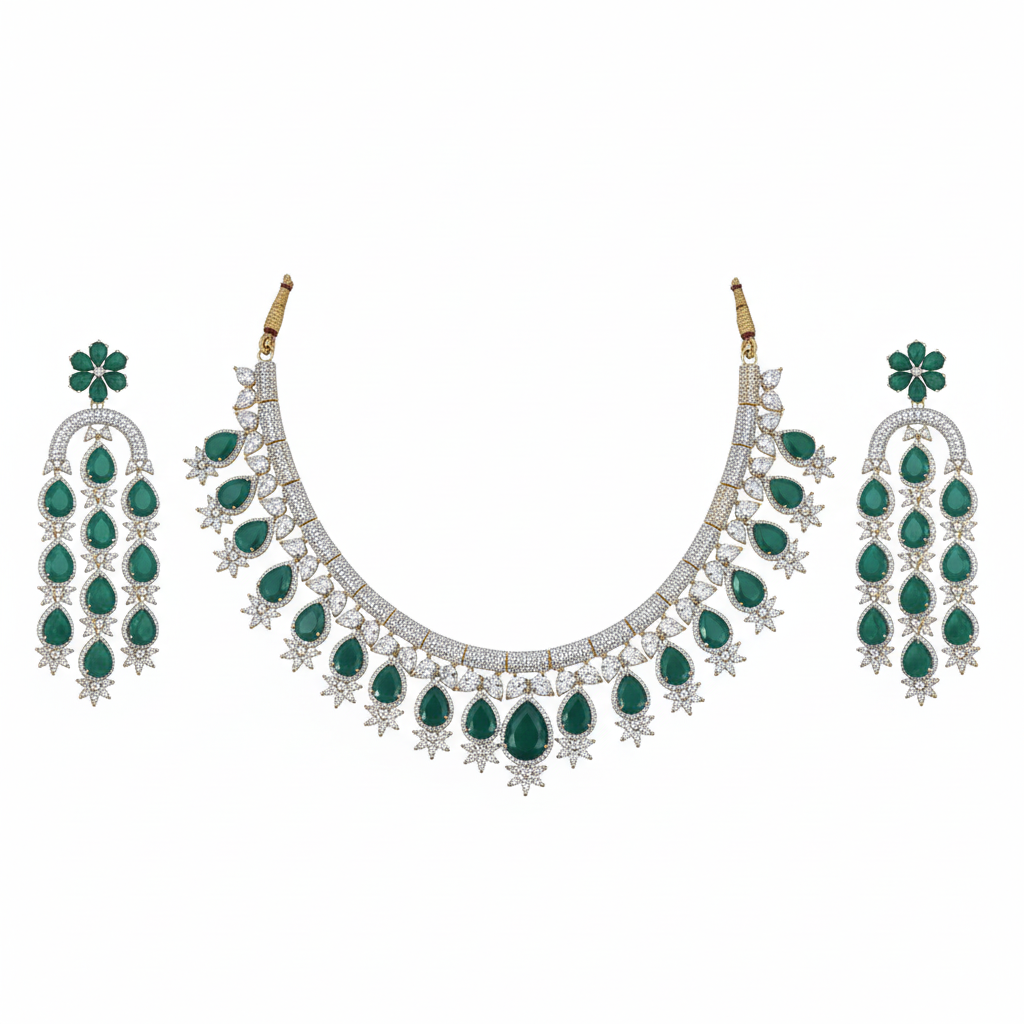 American Diamond Emerald Necklace White Background 1