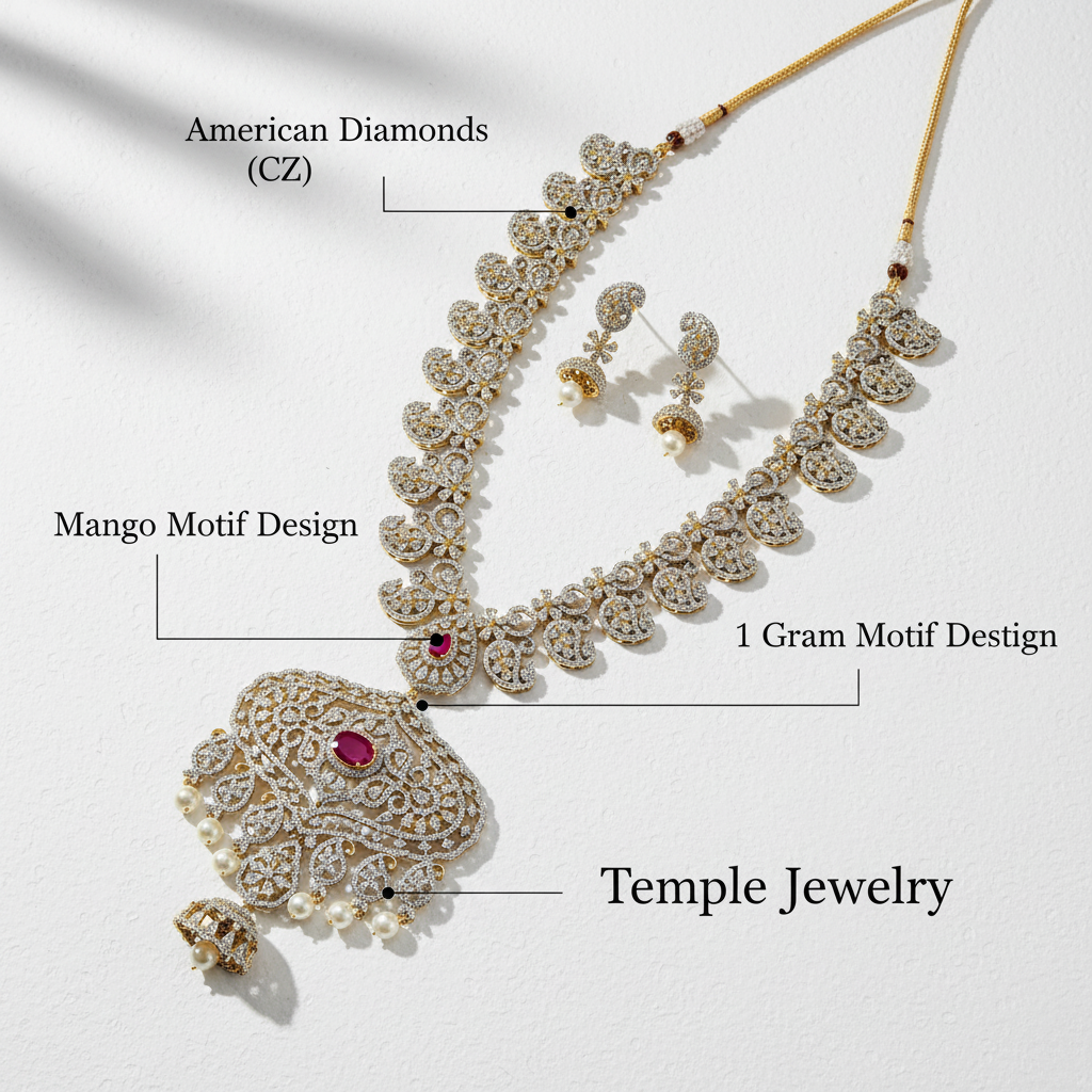 American Diamond Mango Haaram Earrings with Specifications