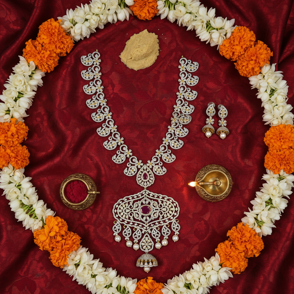 American Diamond Mango Haaram Flat Lay Cultural Context