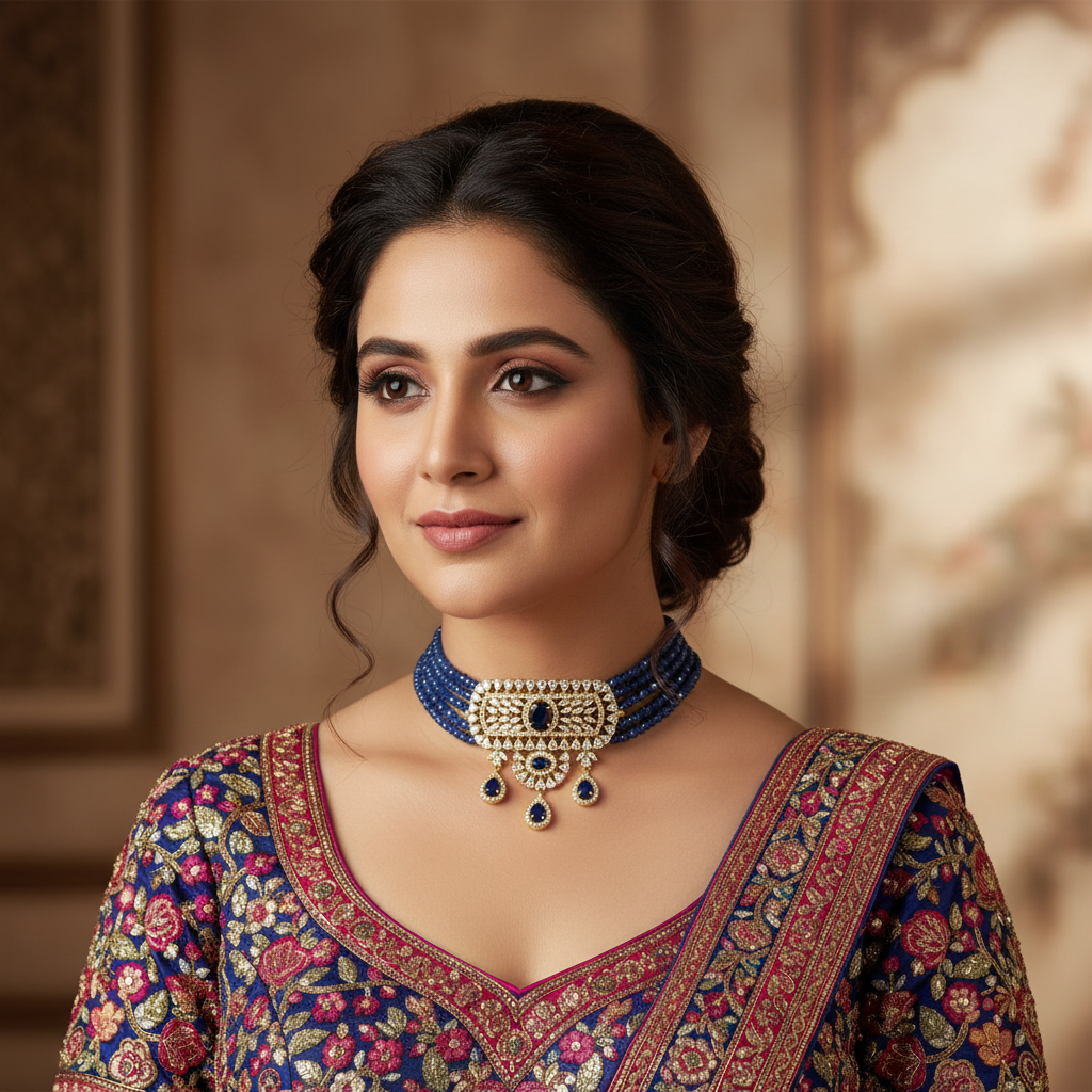 American Diamond Pendant Blue Beads Choker Lifestyle