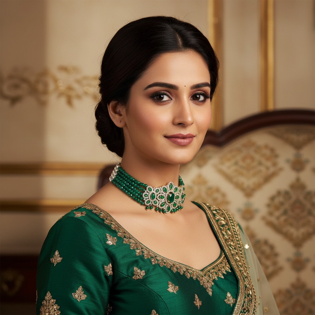 American Diamond Pendant Emerald Beads Choker Lifestyle