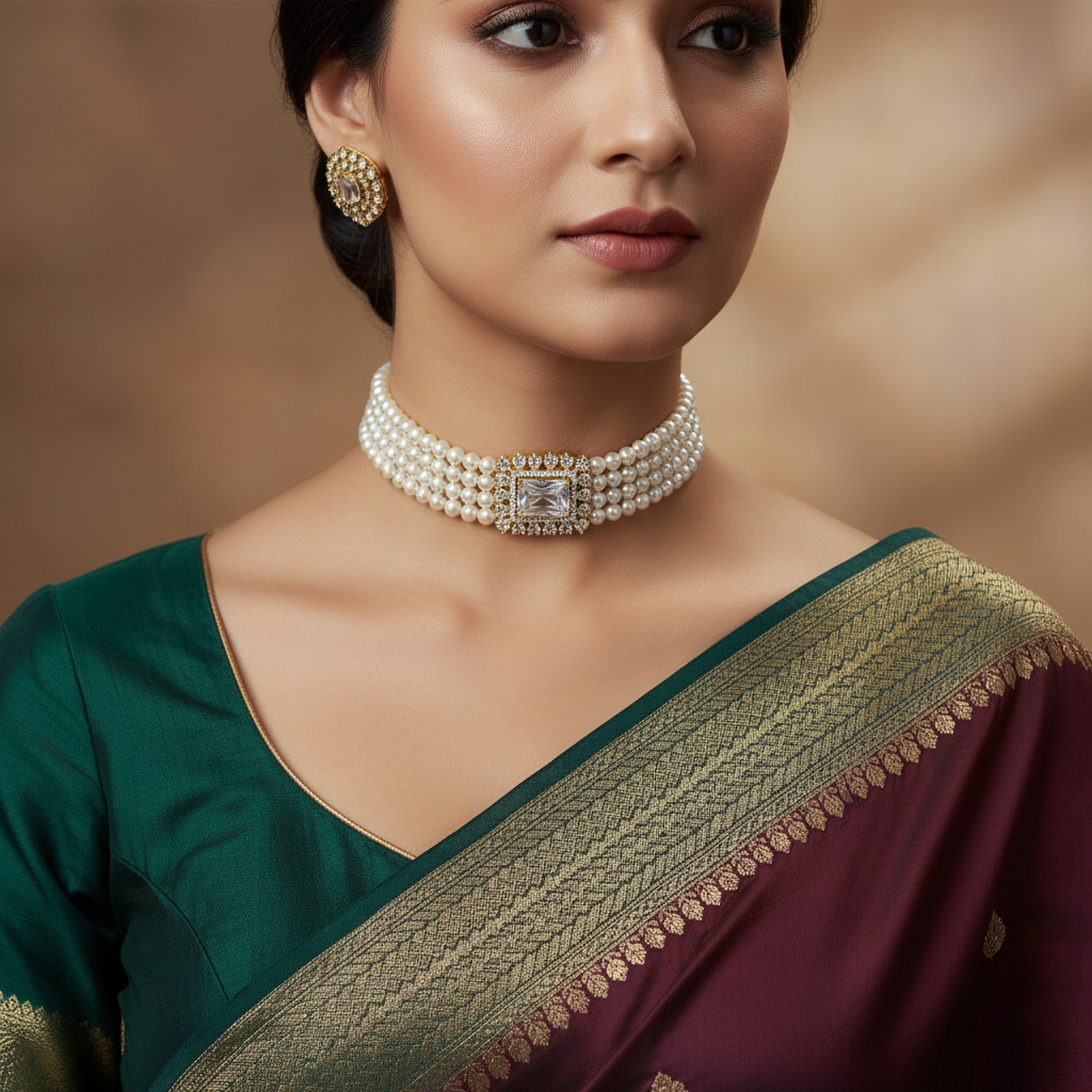 American Diamonds Brooch Pearls Choker Lifestyle