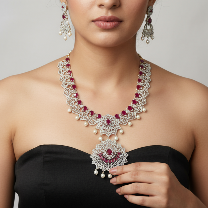 Gorgeous American Diamonds Mayuri Haar - Peacock Long Necklace Set