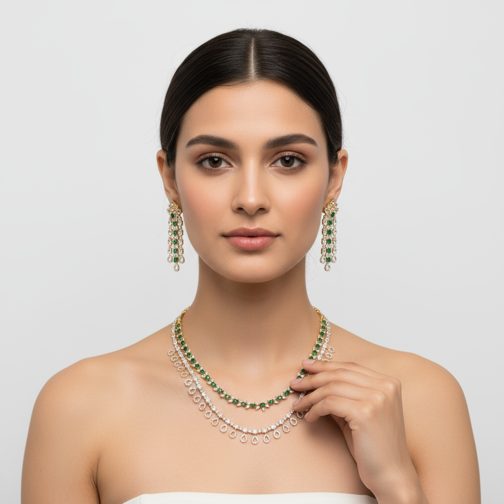 Two Layer Zircon Necklace Set - Two Tone Gold-Rhodium Polish