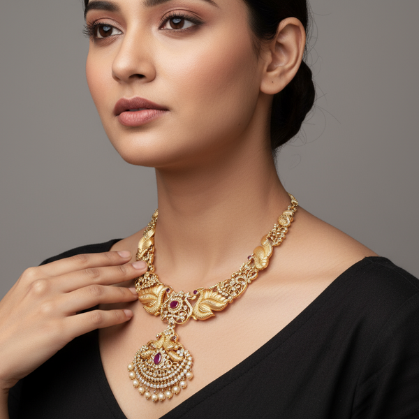 Traditional Pachi Bridal Haar With Heavy Locket - Ruby CZ Necklace Set