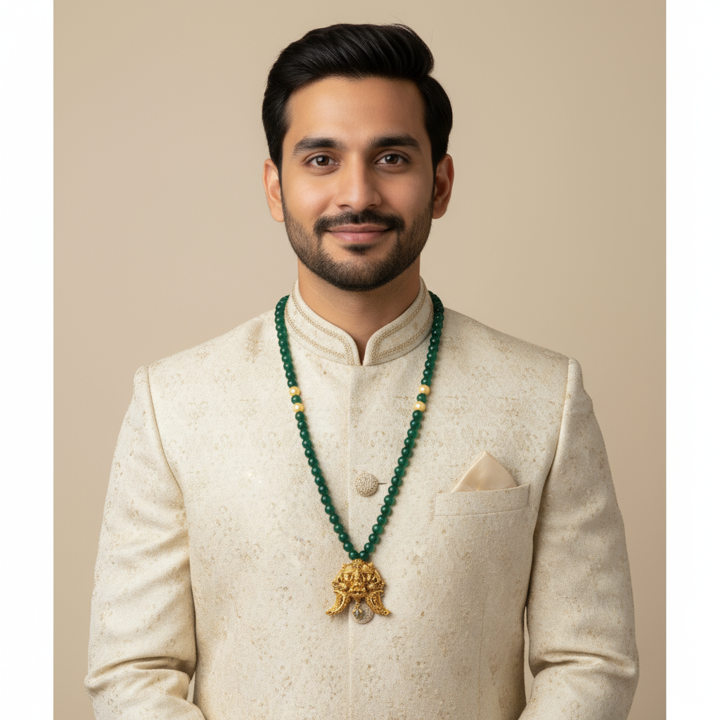 Antique Puligoru Locket with Emerald Beaded Necklace for Groom