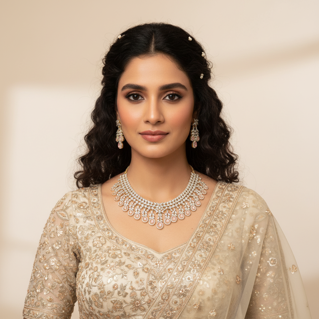 baby pink paste green american diamond necklace