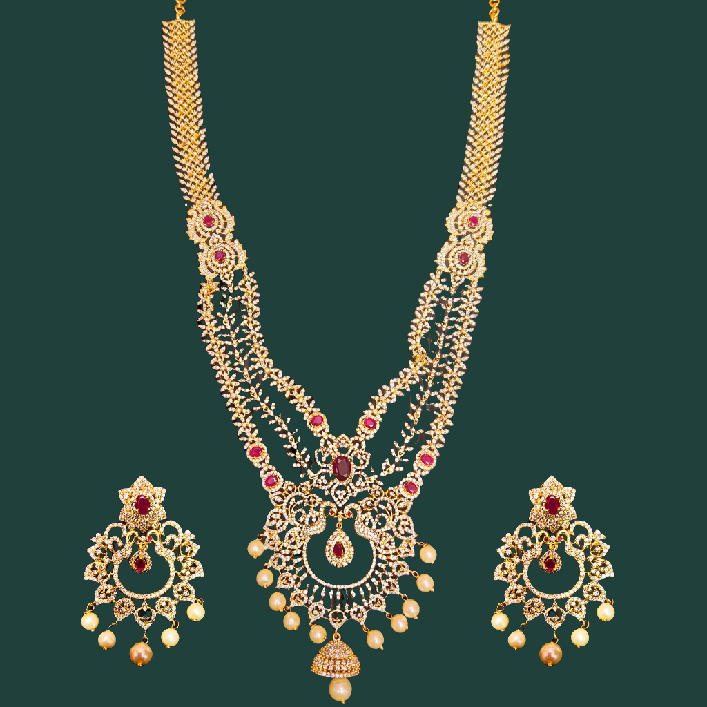 Layered American Diamond Haram with Pendant - Ruby & Pearl Necklace Set