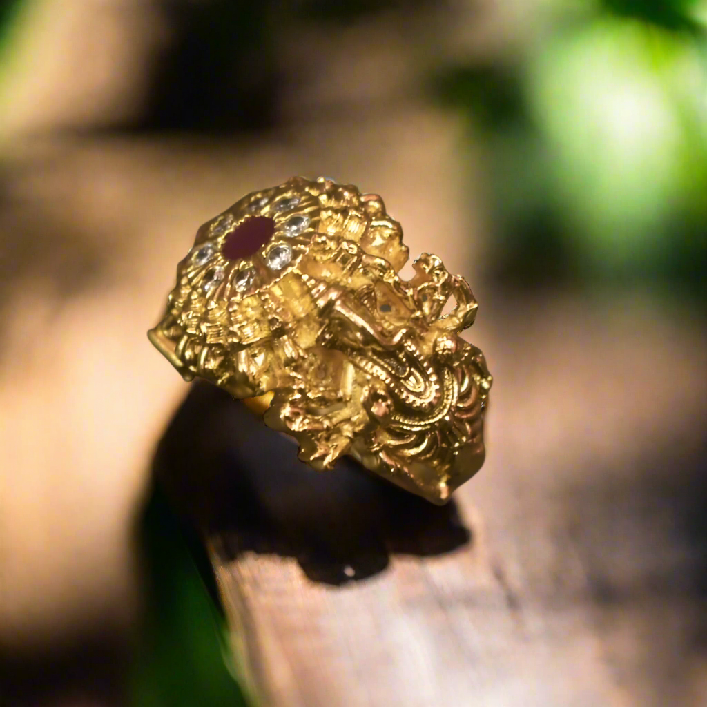 Lord Ganesh Blessing Ring - 925 Silver Gold Plated Spiritual Jewelry