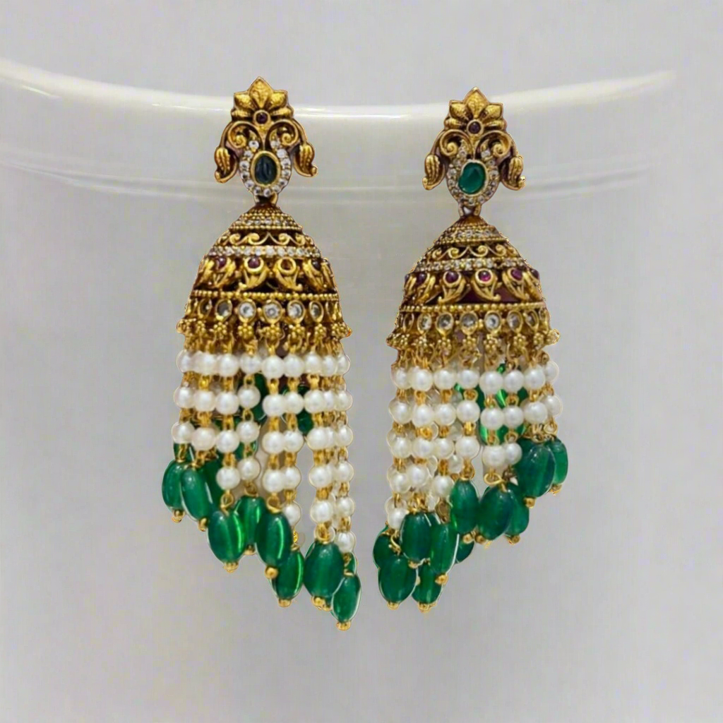 Antique Jhumka Earrings with Pearls & Emerald Beads | 7cm Long Traditional Jewellery