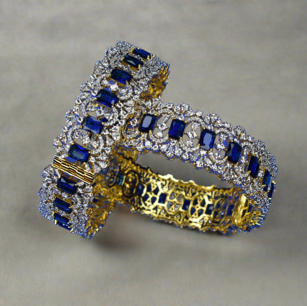 Blue American Diamond Bangles - Opulent Openable Bangles Set