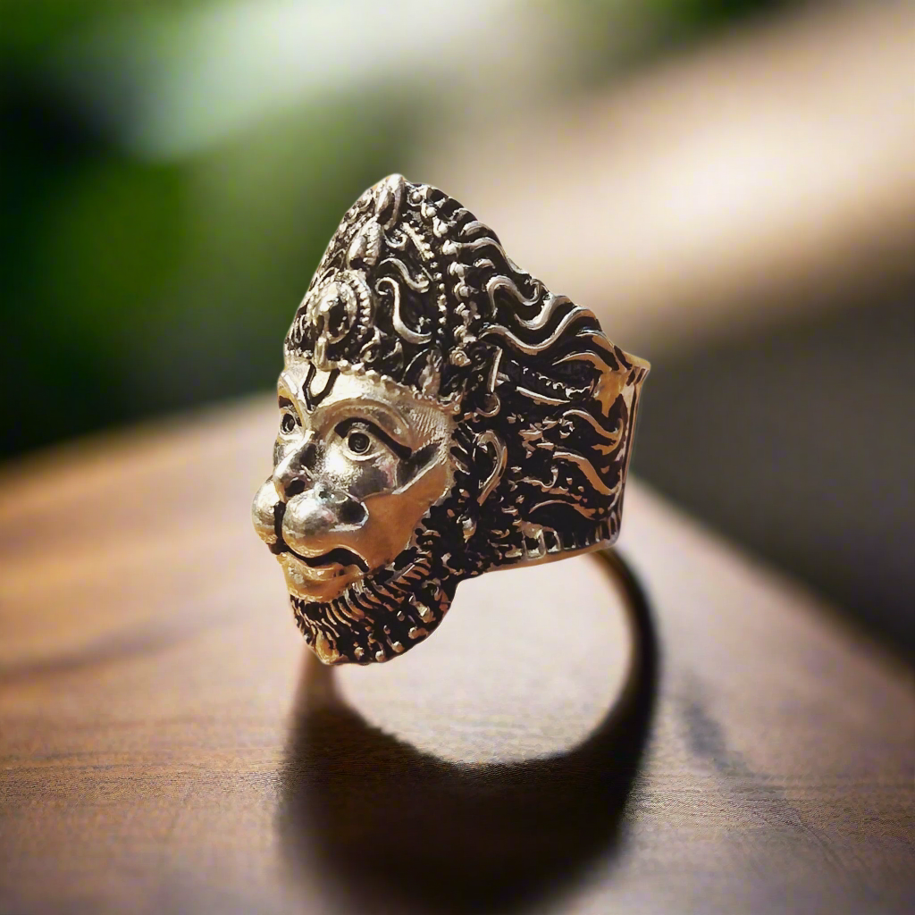Oxidized Sterling Silver Lord Hanuman Ji Ring - Divine Protection Jewelry