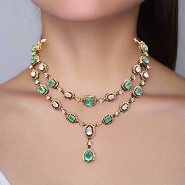 Asp  Victorian Green Emeralds Polki Kundan Necklace Set