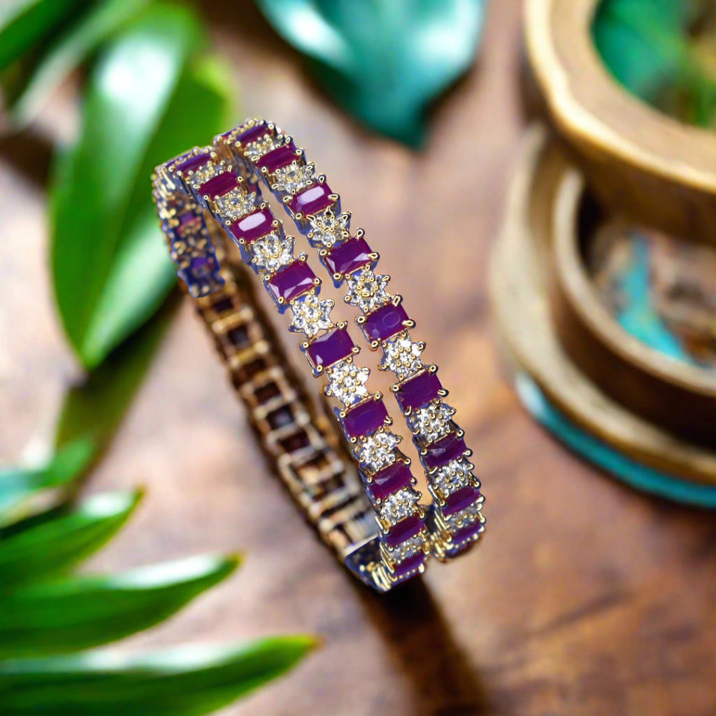 Gold Plated Ruby American Diamond Bangles - Luxury Wedding Jewelry