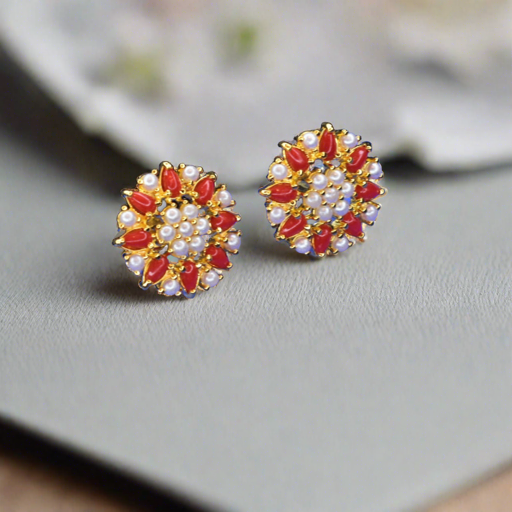 Floret Coral and Pearl Stud Earrings - Radiant Elegant Set