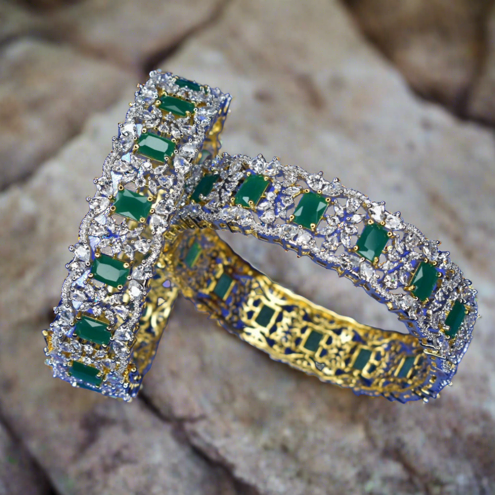 American Diamond Emerald Bangles - 24K Gold Plated Openable Bangles Set