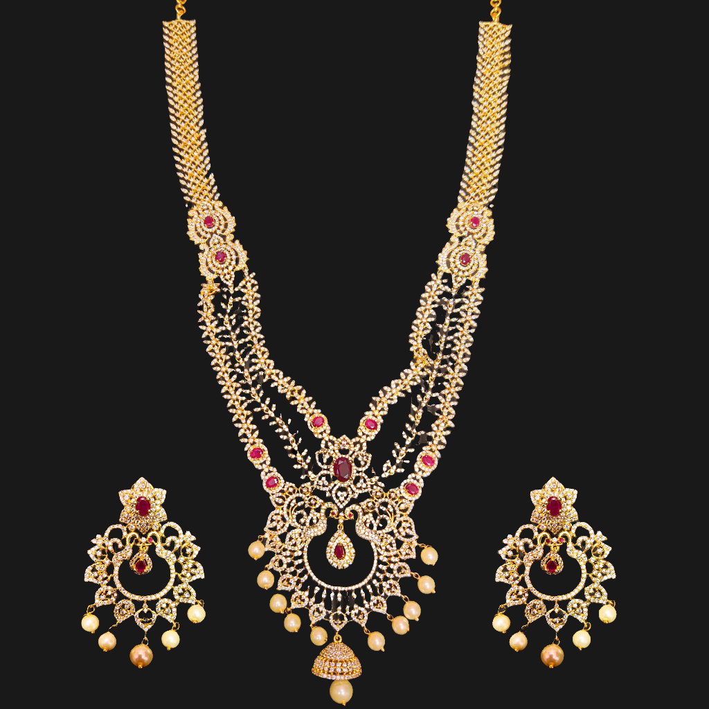 Layered American Diamond Haram with Pendant - Ruby & Pearl Necklace Set