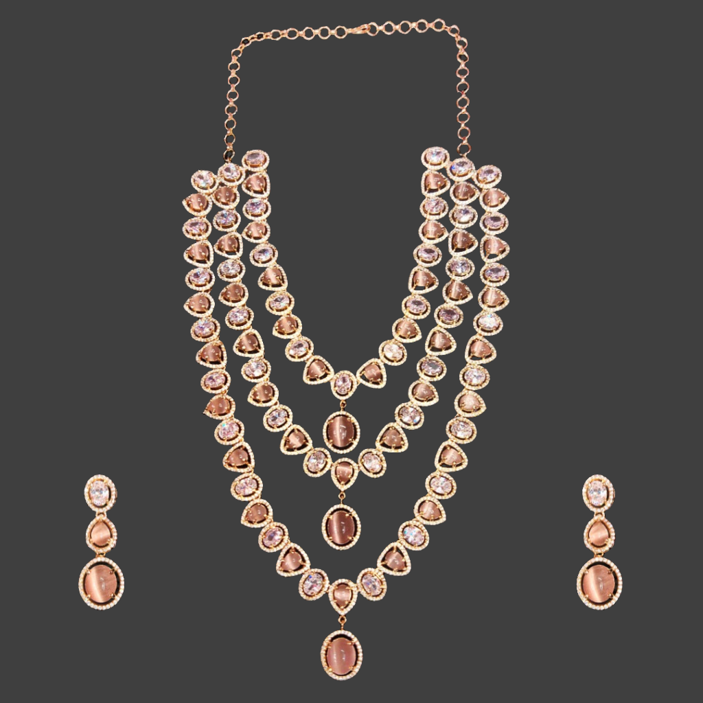 Pink Rose Gold American Diamond Layered Necklace Set - 24 Inch Wedding Jewelry