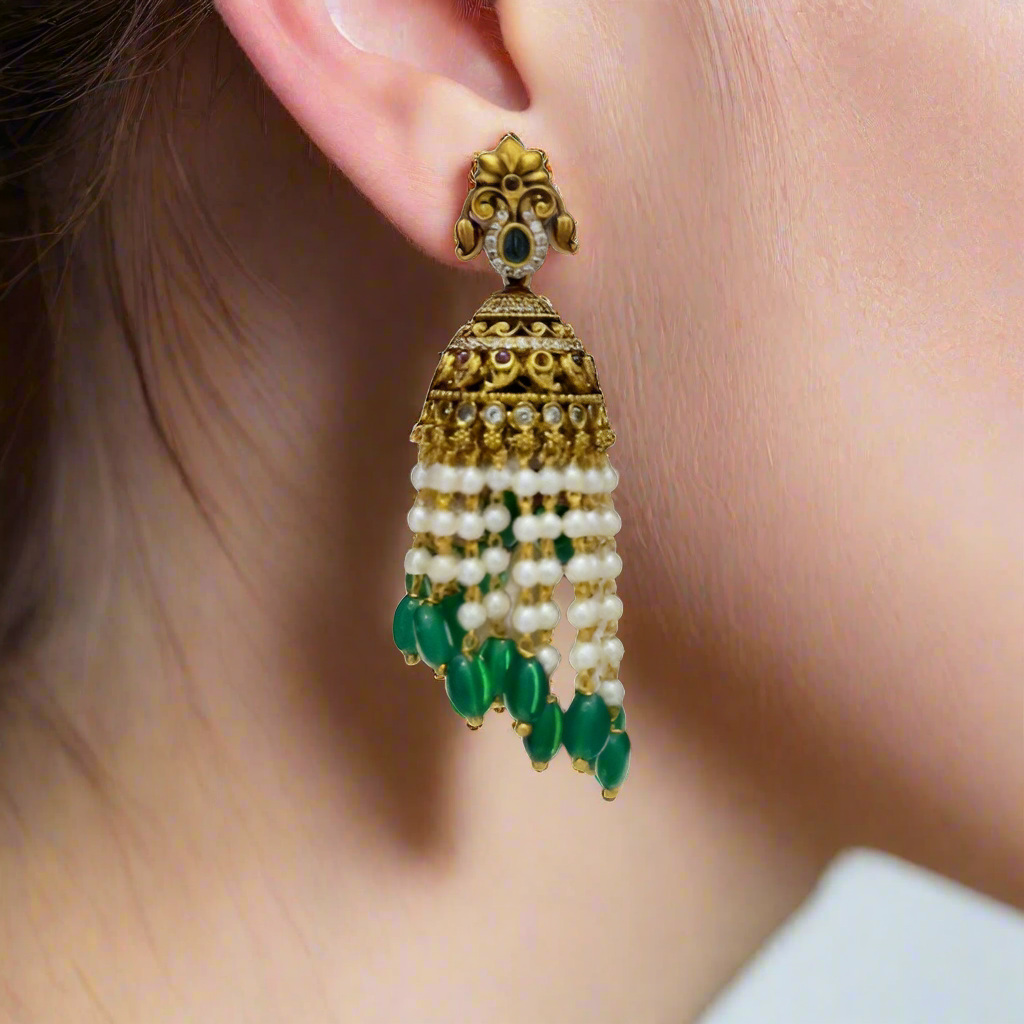 Antique Jhumka Earrings with Pearls & Emerald Beads | 7cm Long Traditional Jewellery