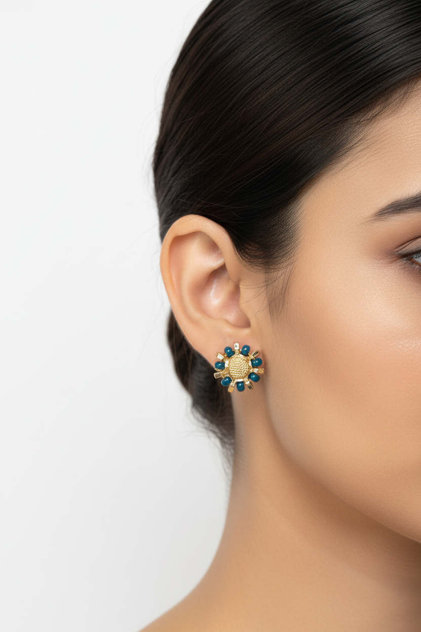 Blue Bead Flower Studs – Model Wear White Background