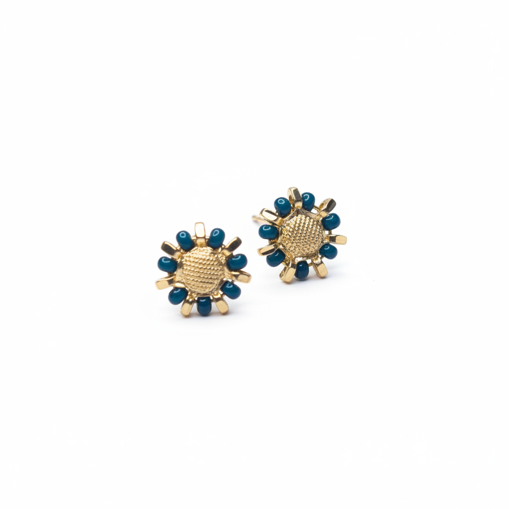 Blue Bead Flower Studs – White Background