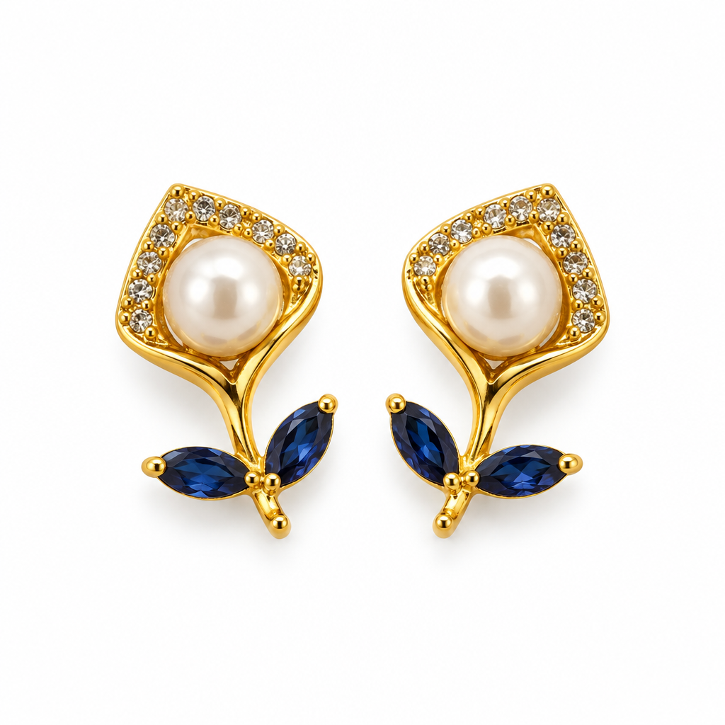 Blue pearl earrings on white background