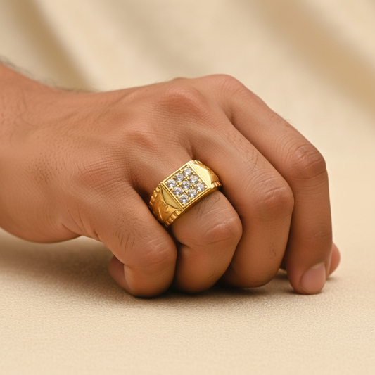 Bold Gold Zircon Ring - Men's Model Wear