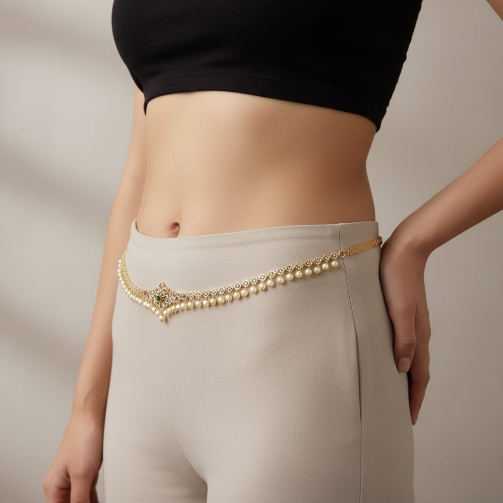 Stunning Zircon 24K Gold Plate Stylish Chain Vaddanam.