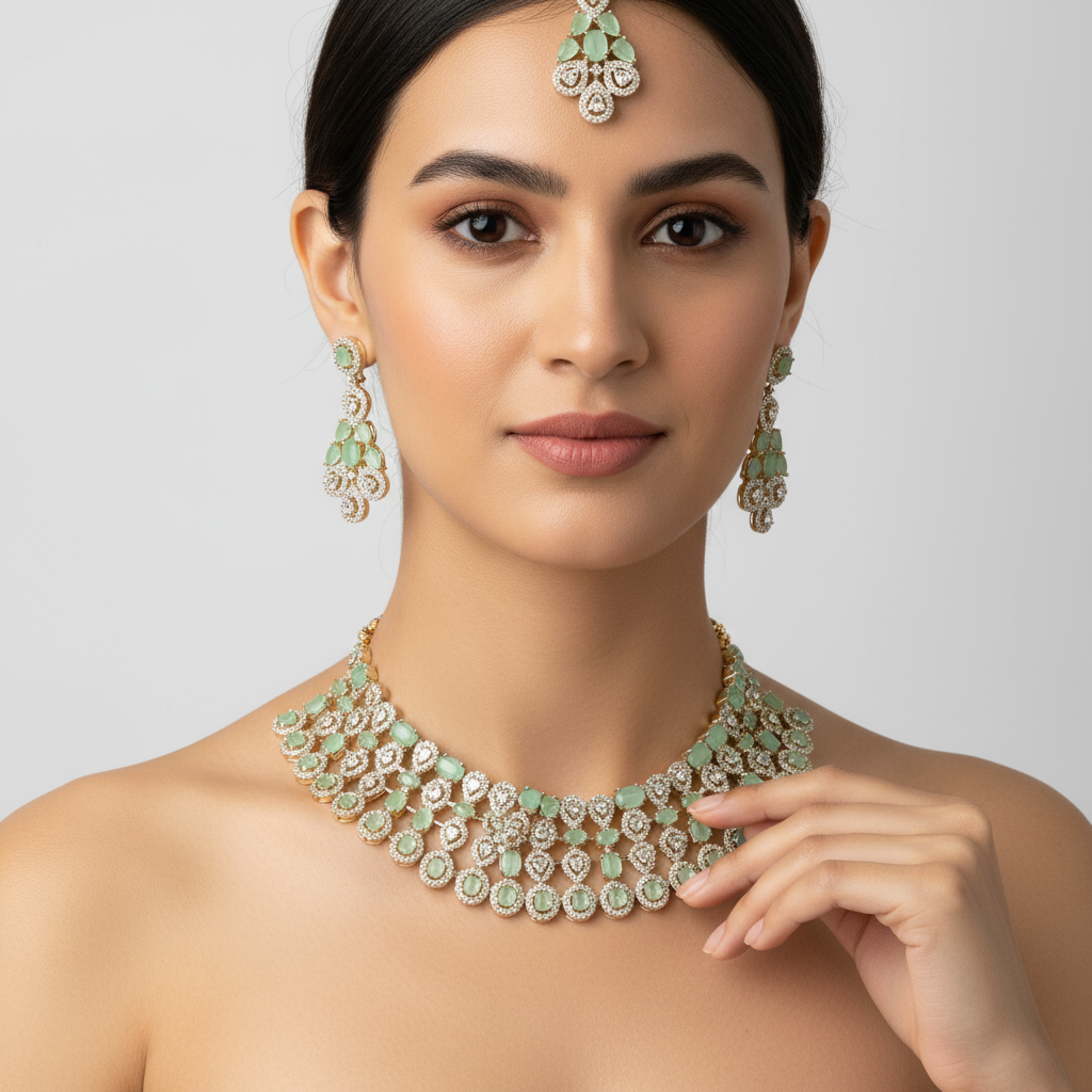 CZ Choker Set with Mint Green Stones - White Rhodium Plated Wedding Necklace