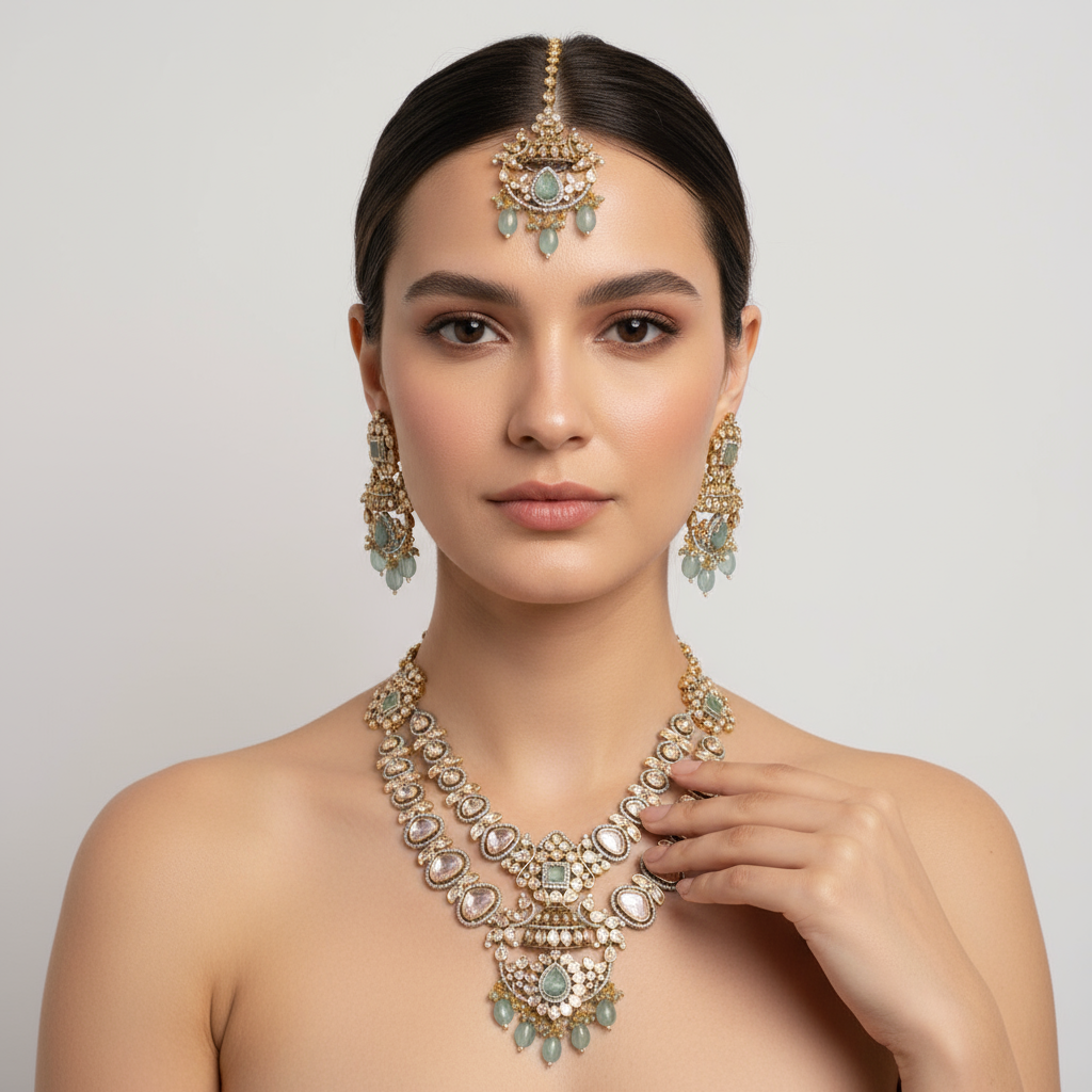 Double Layer Polki Moissanite Kundan Necklace Set - Traditional Indian Bridal Jewelry