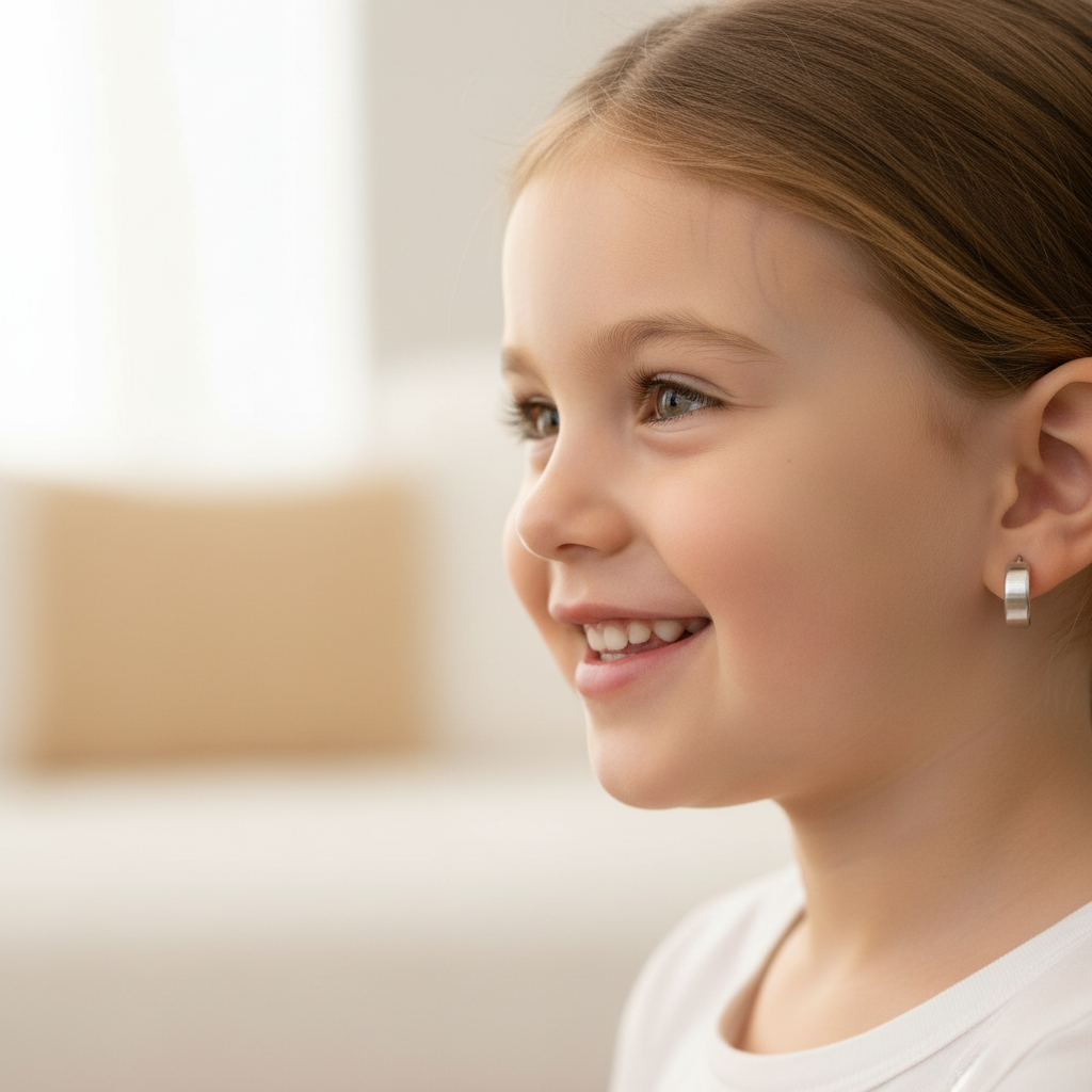 Child wearing sterling silver hoop earrings