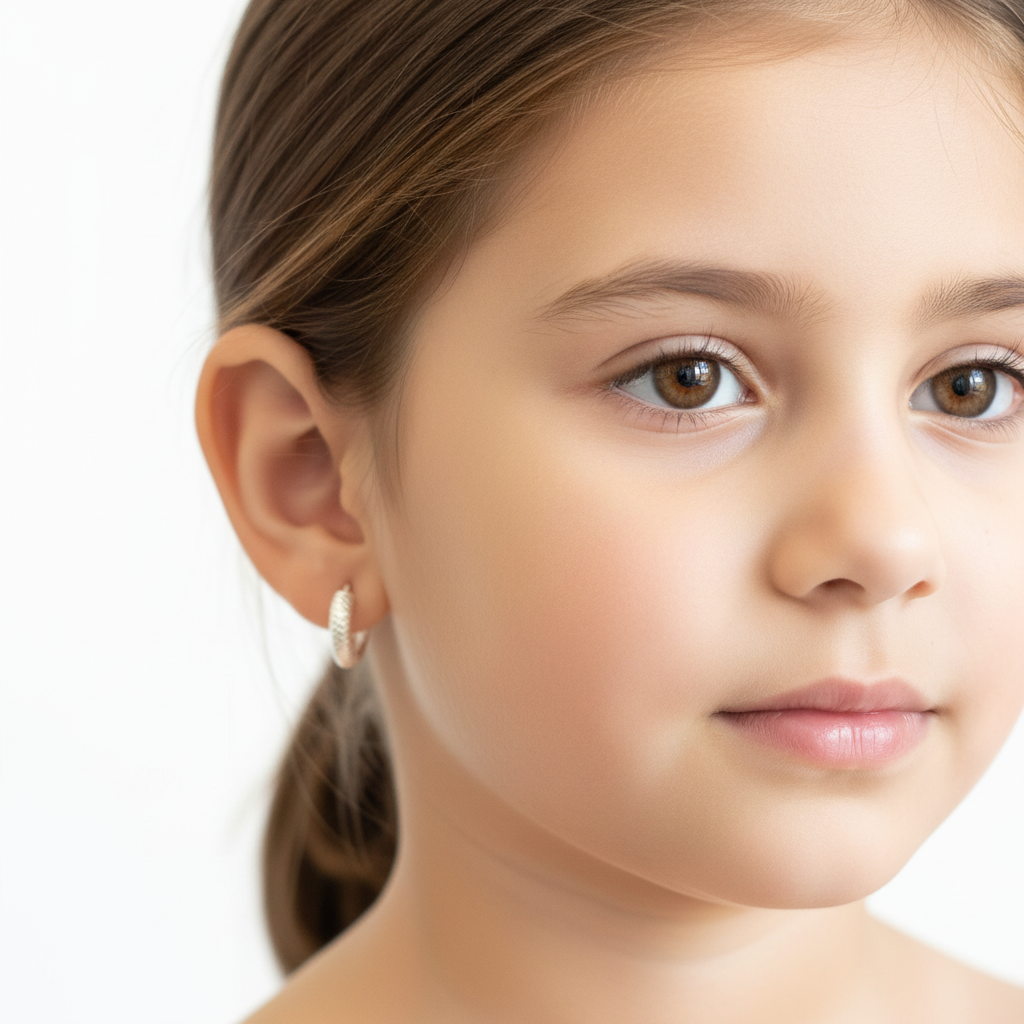 Child wearing sterling silver hoop earrings