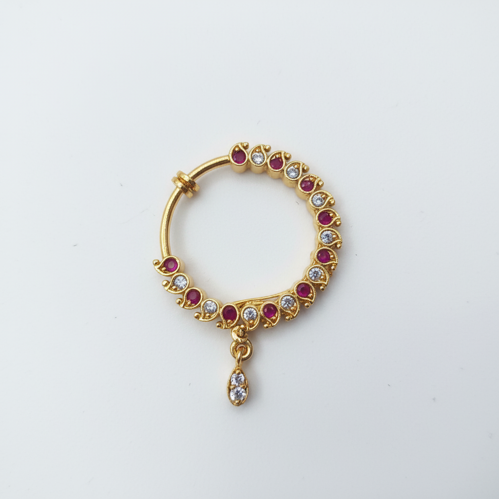 Clear gemstone nose ring on white background