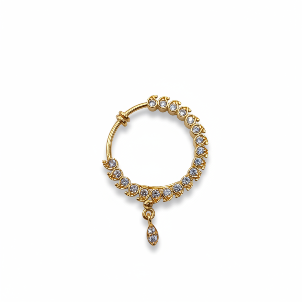Clear gemstone nose ring on white background