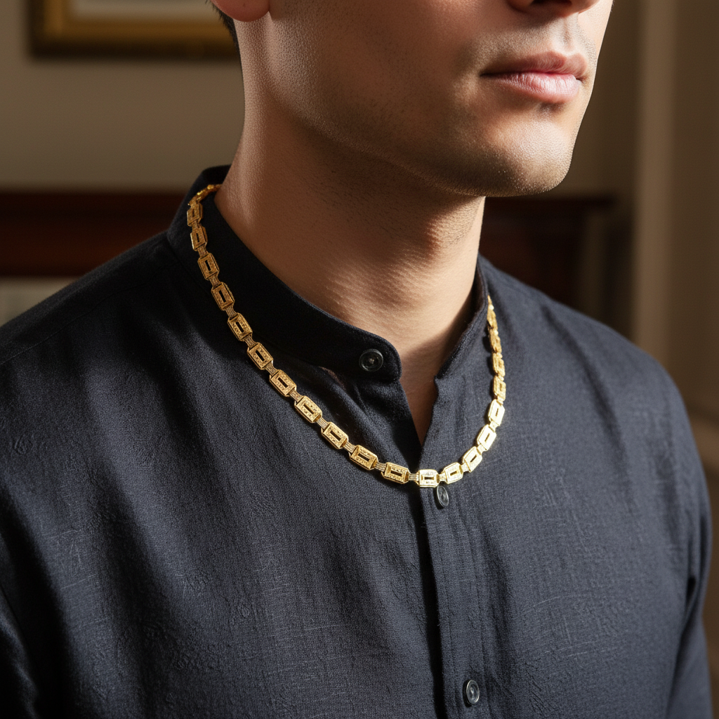 Close-up lifestyle shot - Geometric Temple Link Chain