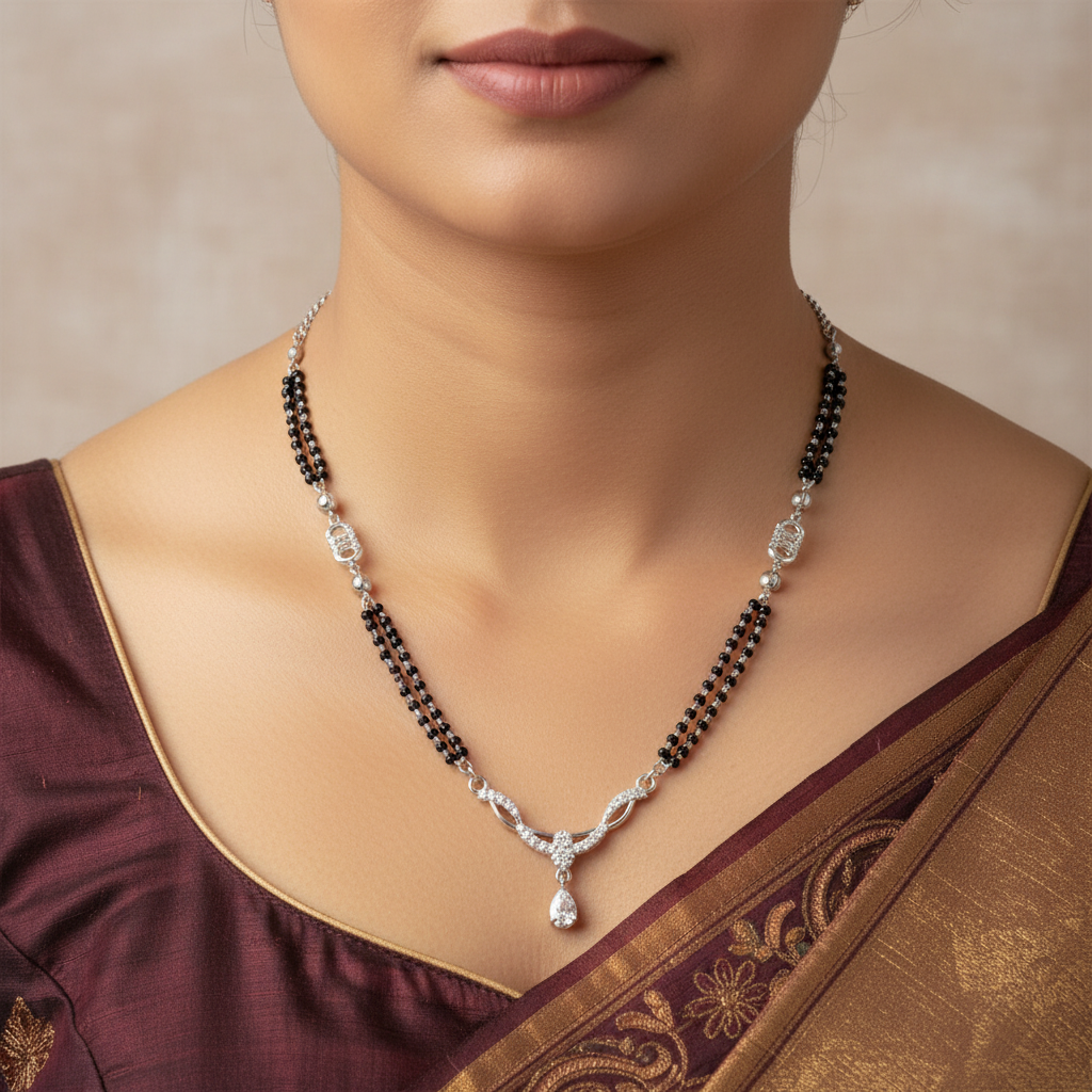 Close-up of Mangalsutra with Teardrop Dangle on Model