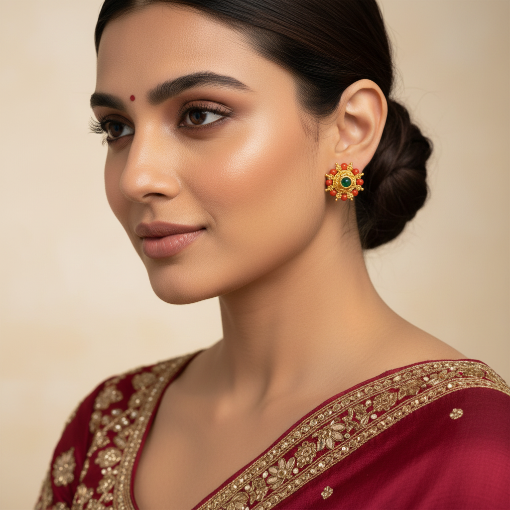 Coral Stud Earrings on Model