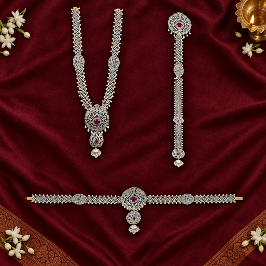 Cultural flat-lay of the three-piece silver jewellery set